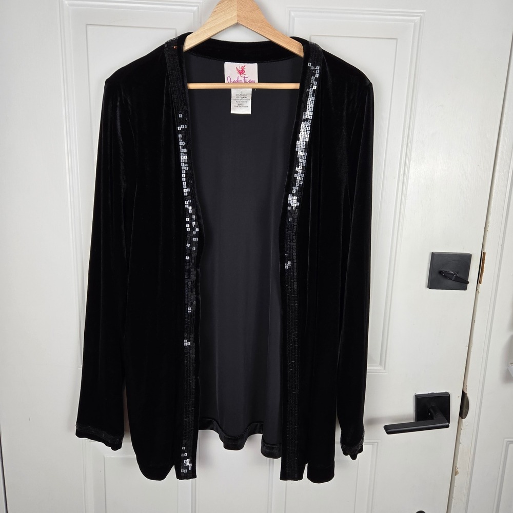 Quacker‎ Factory Cardigan Large Black Velvet Sequin Trim Open Front Party